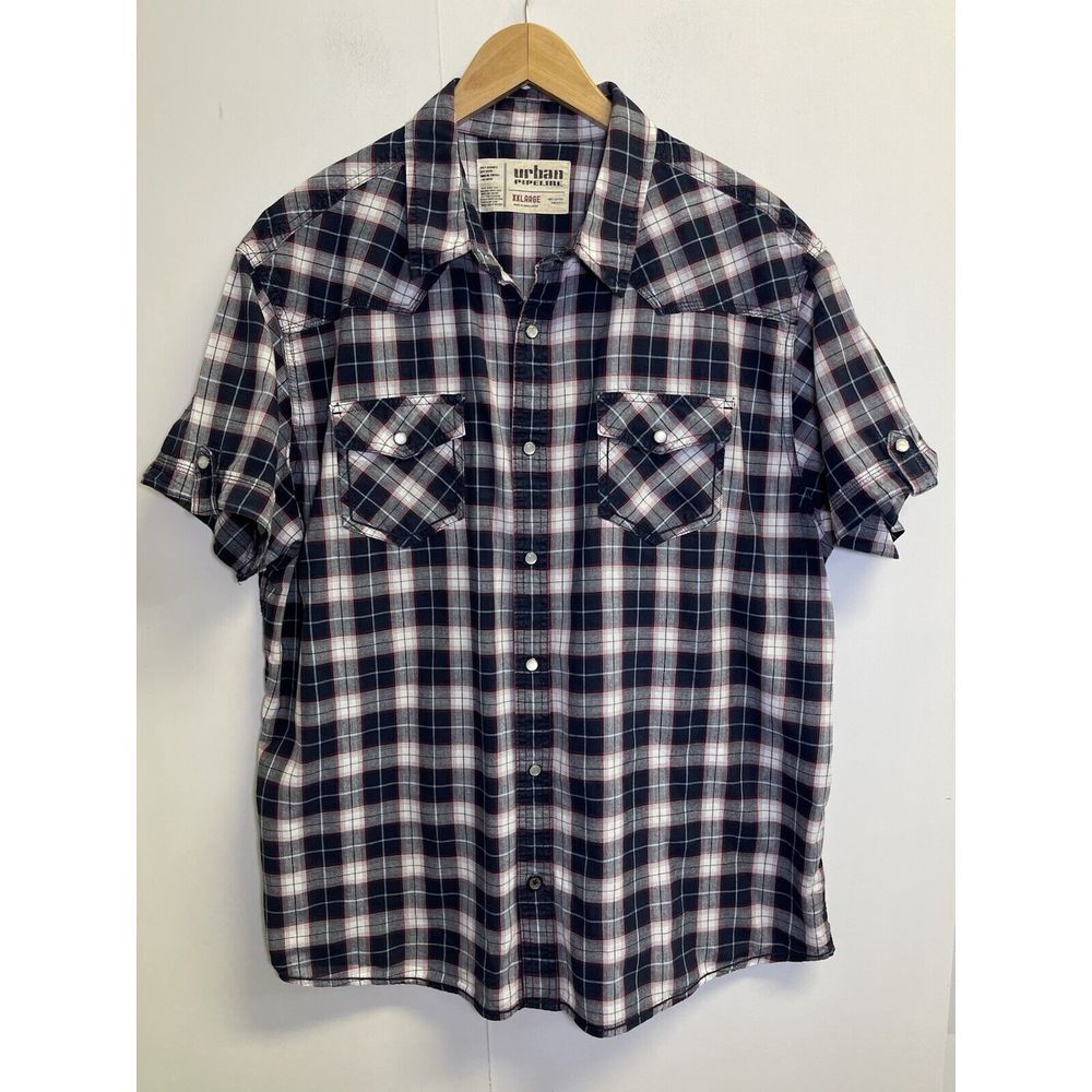 Urban Pipeline Mens Shirt Size XXL Navy Blue Plaid Short Sleave Pearl Snap up